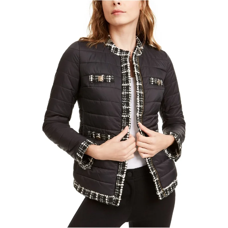 Anne Klein Womens Tweed Trim Puffer Jacket, Black, Large