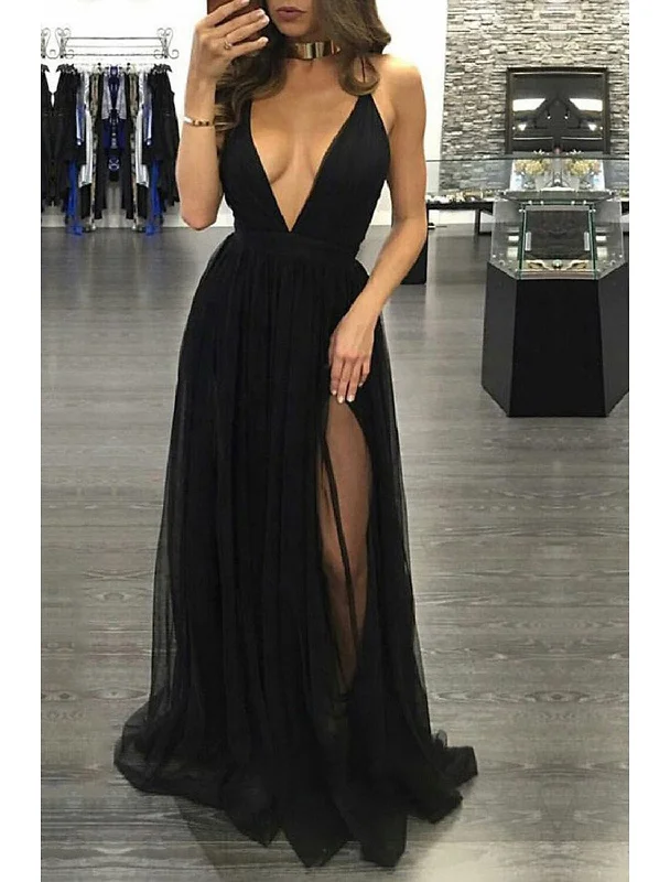 A-Line Prom Dresses Open Back Dress Formal Wedding Guest Floor Length Sleeveless V Neck Chiffon Backless with Pleats Slit