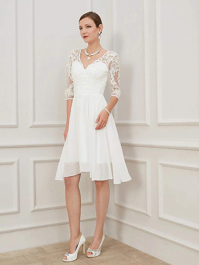 Bridal Shower Little White Dresses Wedding Dresses Knee Length A-Line Half Sleeve V Neck Chiffon With Draping Appliques